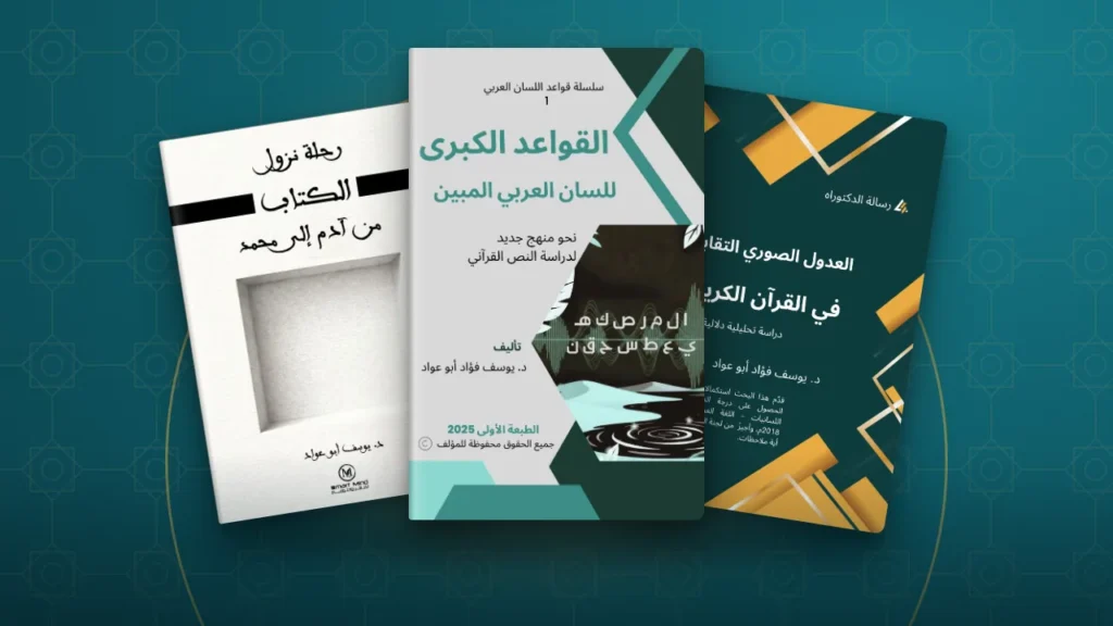أغلفة كتب الدكتور يوسف أبو عواد: رحلة نزول الكتاب من آدم إلى محمد، والقواعد الكبرى للسان العربي المبين، ورسالة العدول الصوري التقابلي